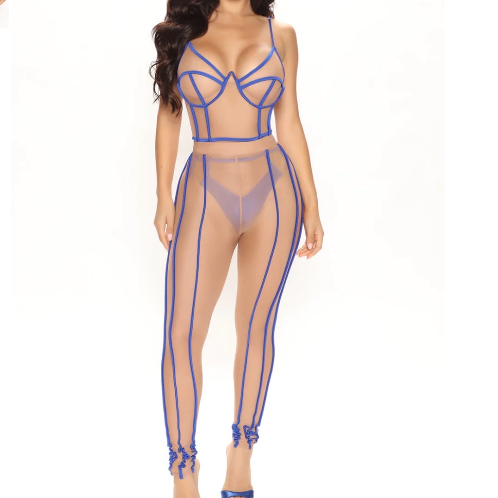 Sheer Nude Blue Trim Bodysuit Pants Set Legging High Waisted